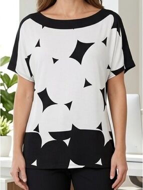 Worthington Geometric Abstract Dot Print Top Black White Short Sleeve Blouse M